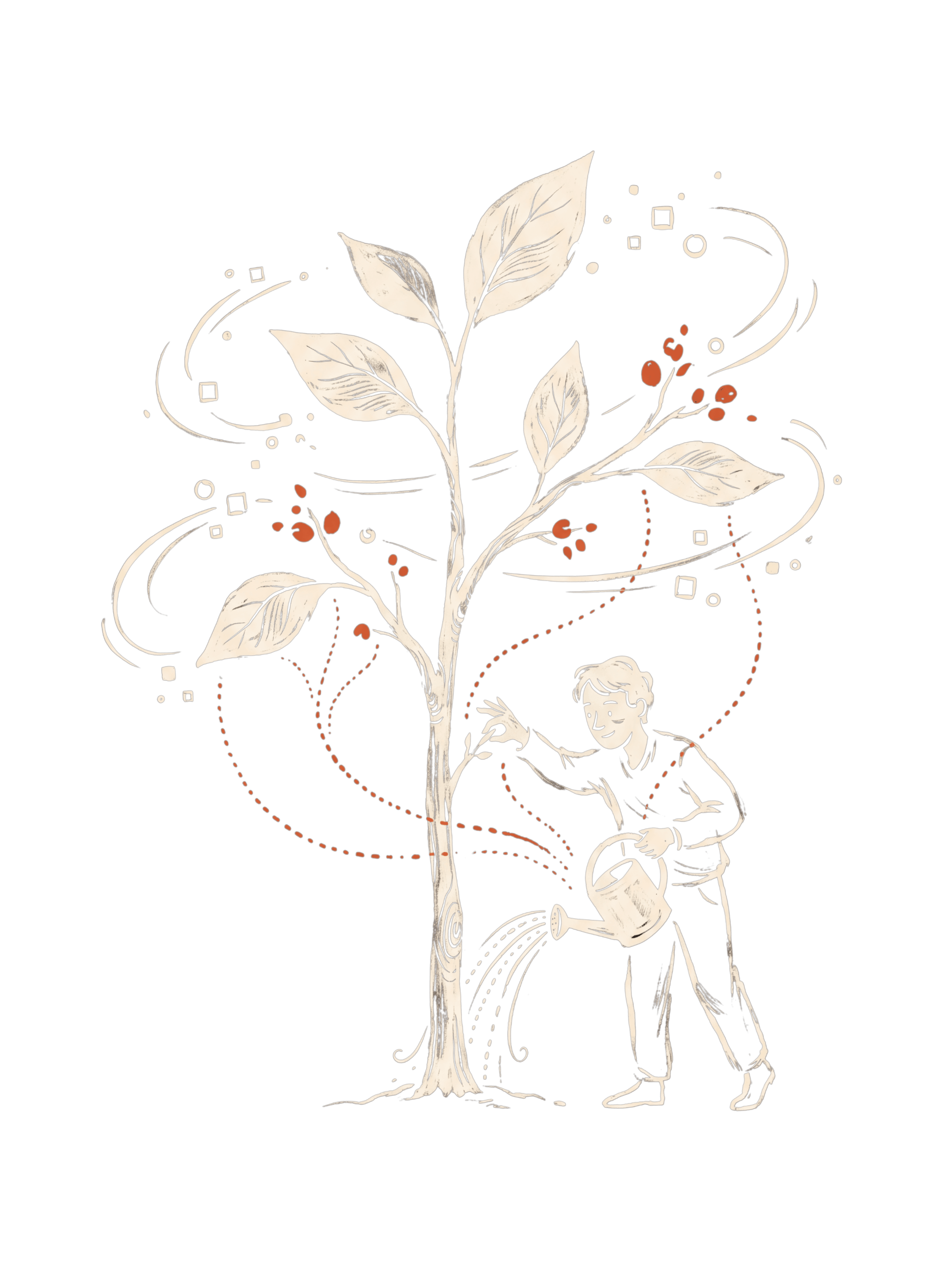 Ilustración editorial Fase 02 Activación: planta joven con el humano regándola y agentes orbitando